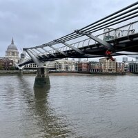 Catch net and straw bale hung from iconic Thames bridge logo 